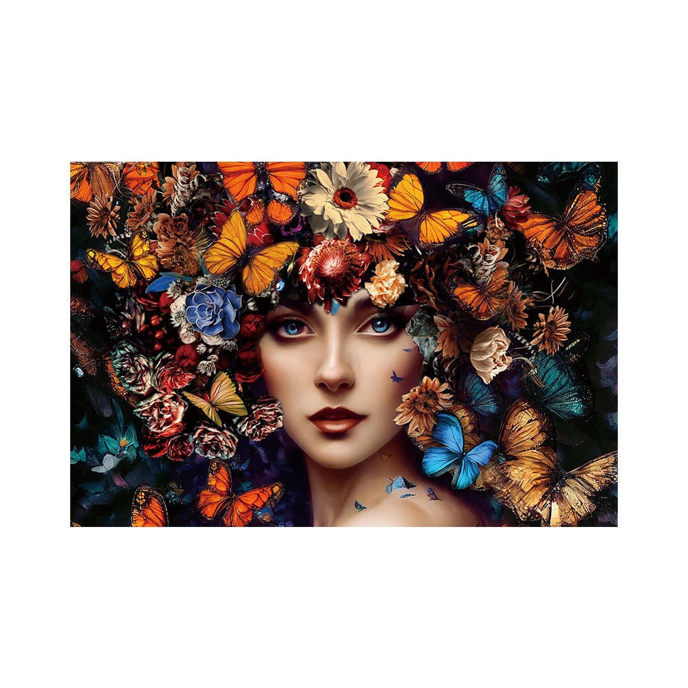 Glasschilderij - Vrouw & Vlinders - 120 x 80 x 0,4 cm