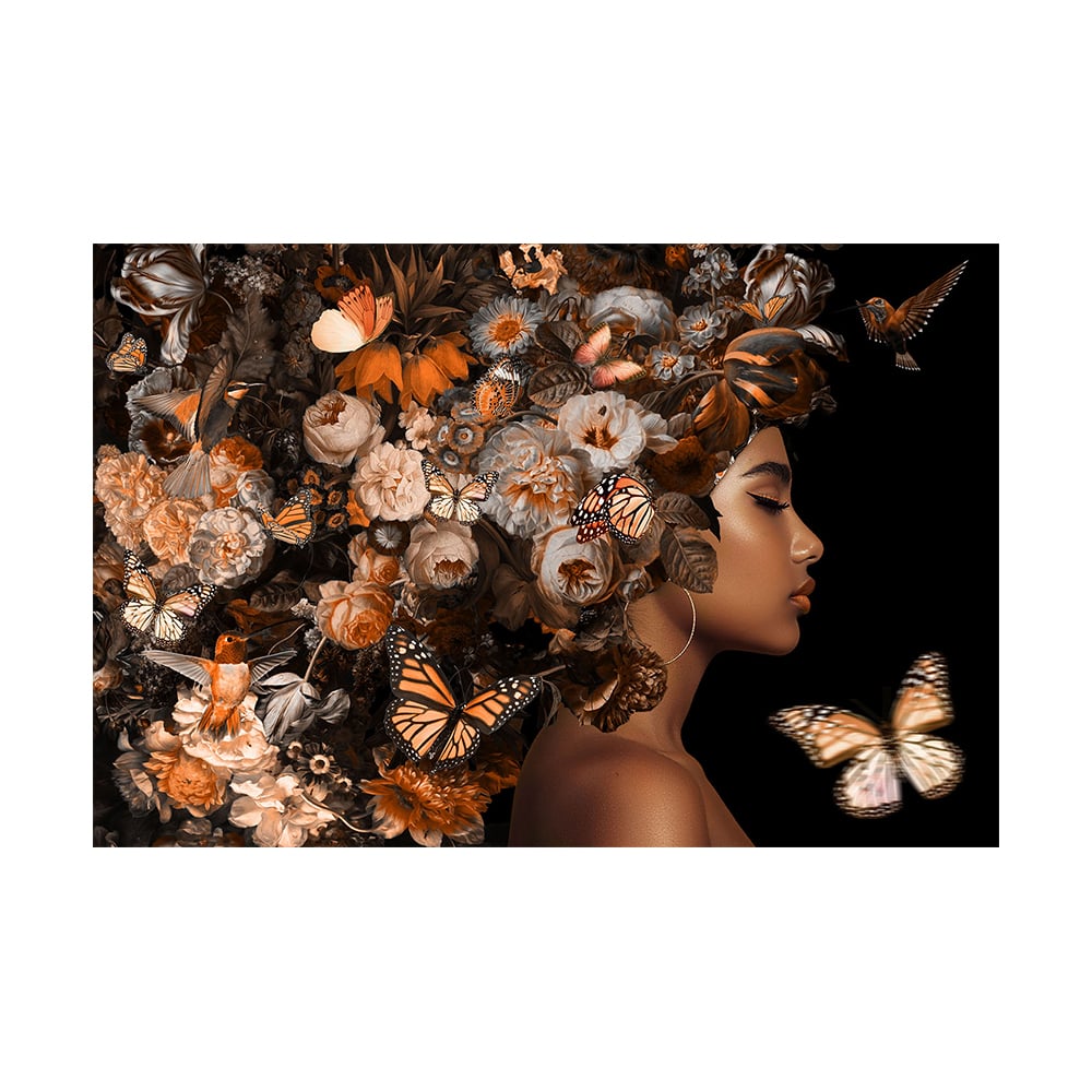 Glasschilderij - Vrouw met Vlinder & Bloemen Haar - 120 x 80 cm