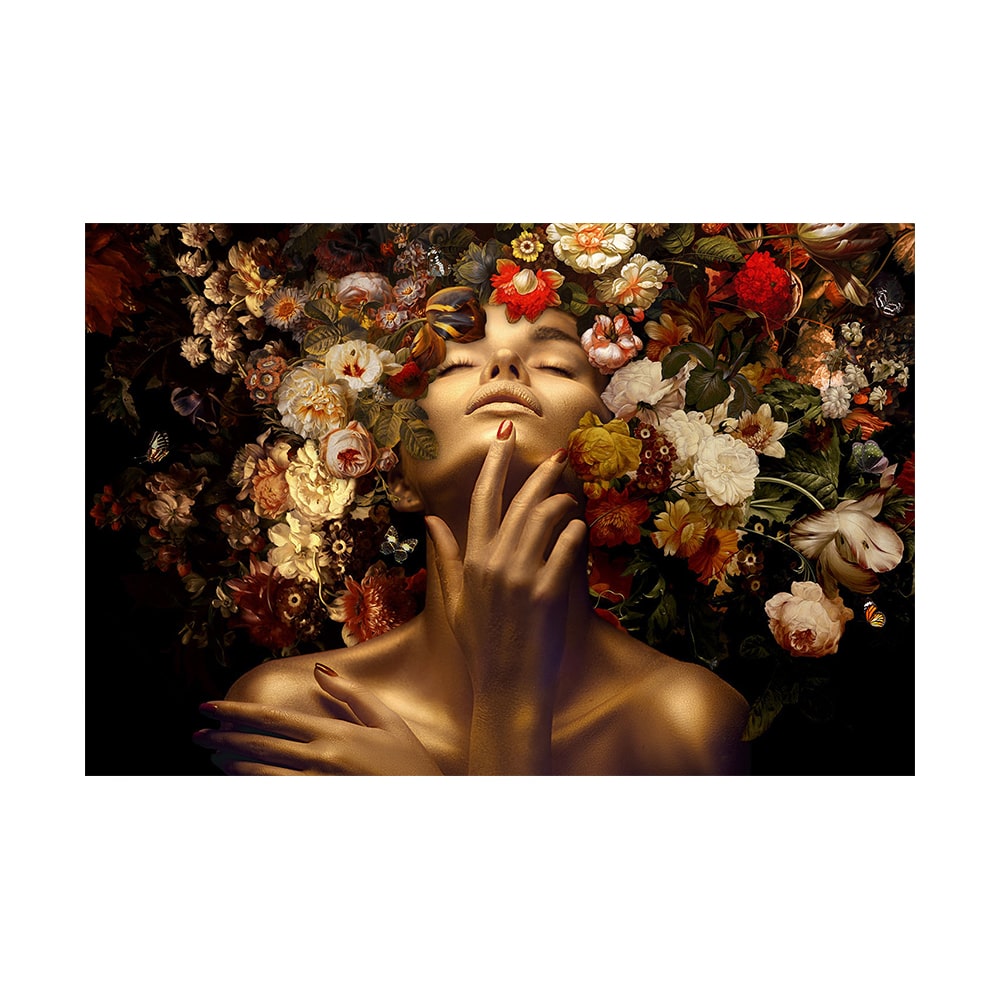 Glasschilderij - Gouden Vrouw met Vlinder & Bloemen Haar - 120 x 80 cm