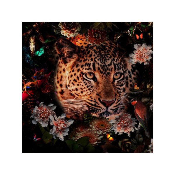 Glasschilderij - Luipaard met Bloemen - 80 x 80 cm