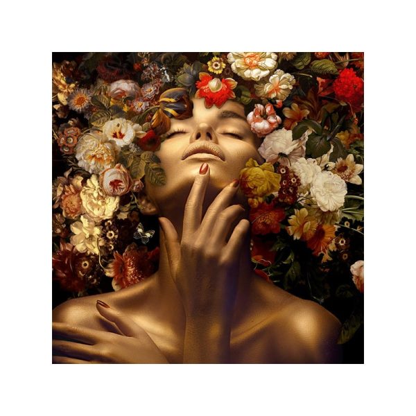 Glasschilderij - Gouden vrouw met Bloemen - 80 x 80 cm