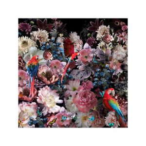Glasschilderij - Papegaaien met Bloemen - 80 x 80 cm