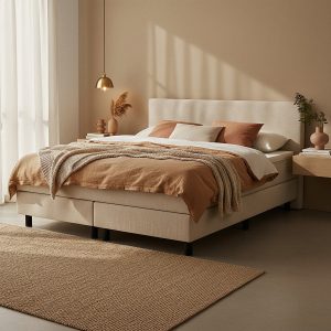 Boxspring beige in een trendy slaapkamer