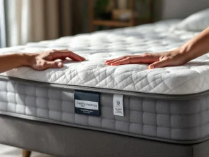 Hand test stevigheid van nieuw matras op boxspring met zichtbare quilting in moderne slaapkamer met ochtendlicht