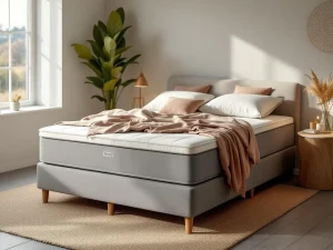 Complete boxspring bed met 4-seizoenen dekbed in warme slaapkamer met natuurlijke kleurtonen en zachte verlichting