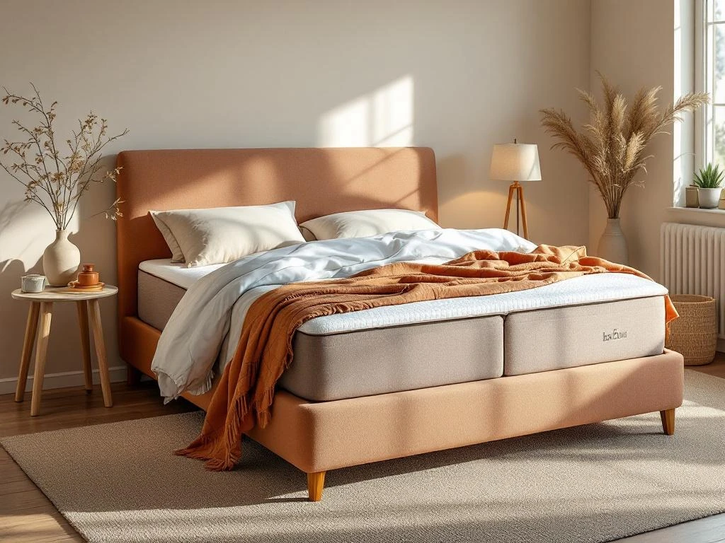 Amerikaanse boxspring in antraciet met beige kussens en warme styling in moderne slaapkamer met natuurlijk licht