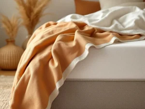 Bamboe beddengoed in saliegroen naast katoenen lakens in terracotta op opgemaakt bed met beige dekbed