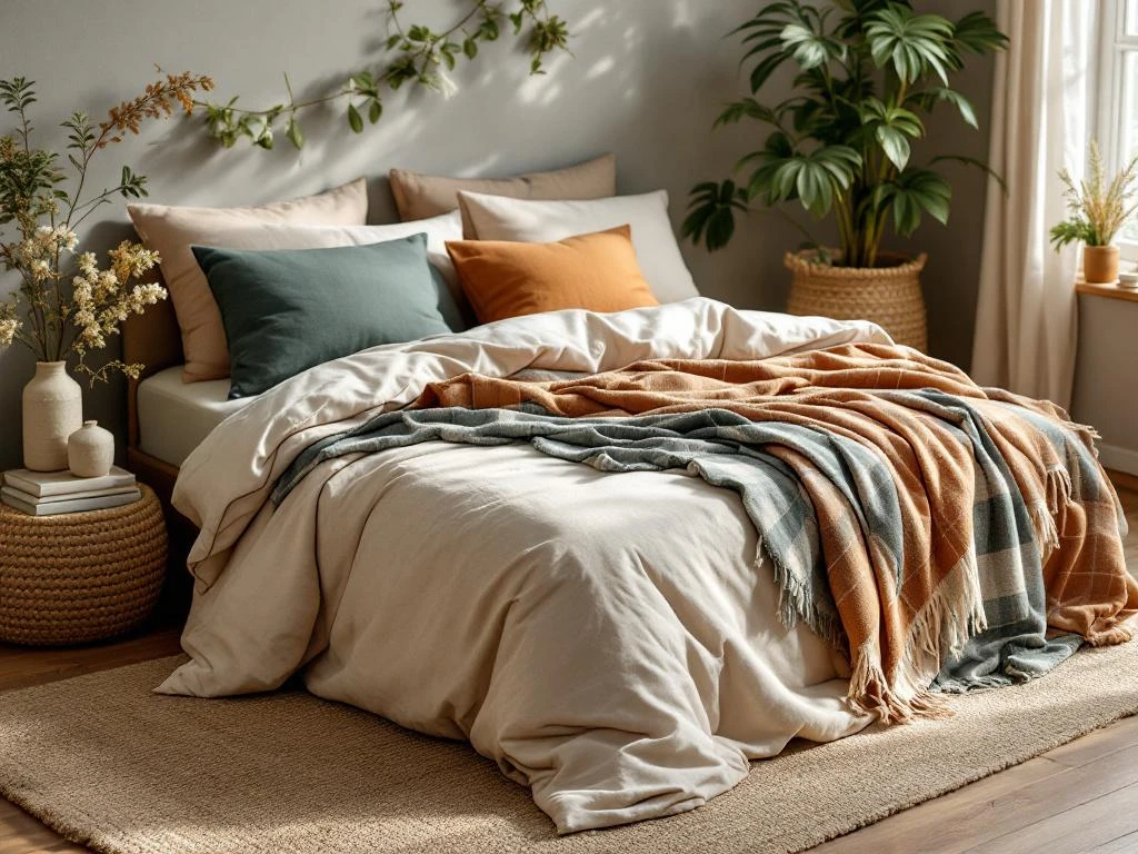 Stapel gevouwen dekbedovertrekken in natuurlijke tinten naast boxspring met beddengoed in rustieke slaapkamer