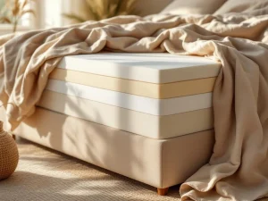 Doorsnede van biologisch matras met natuurlijke latex lagen en katoen hoes op antraciet boxspring in slaapkamer