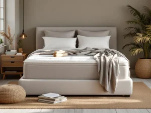 Boxspring bed in beige met dekbed in natuurlijke slaapkamer, rekenmachine en geld op nachtkastje voor financiële planning