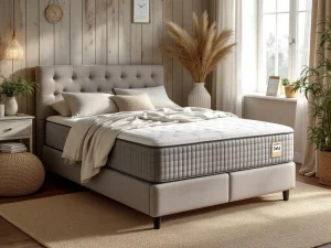Complete boxspring bed met sale-tag in warme beige tinten, sierkussens en natuurlijke decoratie op jute vloerkleed