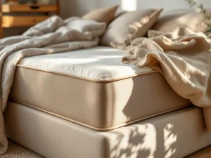 Boxspring bed met ademende vulling en gestoffeerd beige hoofdbord, gedrapeerd met licht dekbed in natuurlijke tinten
