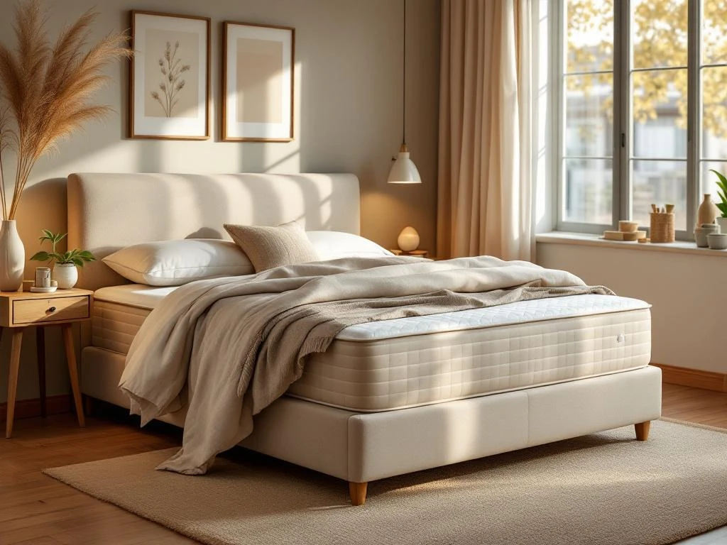 Extra hoge Amerikaanse boxspring met antraciet hoofdbord in warme slaapkamer met beige dekbed en natuurlijk licht