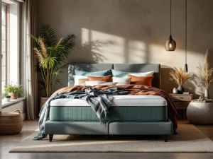 Moderne antraciet boxspring met saliegroen dekbed in stijlvolle slaapkamer met natuurlijke 2026 woontrends