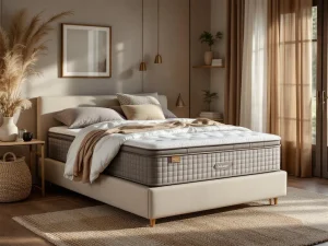 Antraciet boxspring met dekbed in slaapkamer met beige kussens, jute vloerkleed en houten accenten