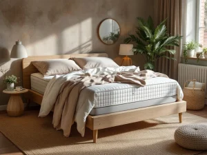 Antraciet boxspring met dekbed en kussens in moderne slaapkamer met natuurlijke kleurtonen en zachte verlichting