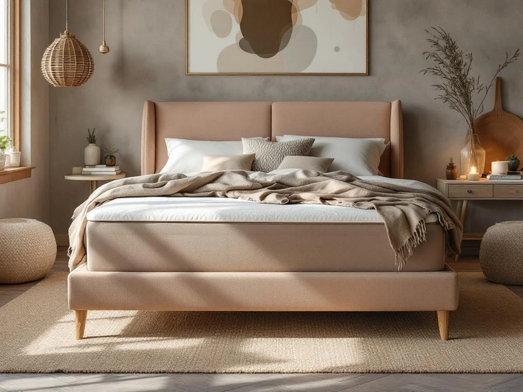 Complete boxspring bed met gestoffeerd hoofdbord in antraciet, dekbed en sierkussens in stijlvolle slaapkamer