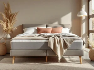 Antraciet boxspring met beige dekbed en sierkussens in warme slaapkamer met natuurlijke belichting en pampas decoratie