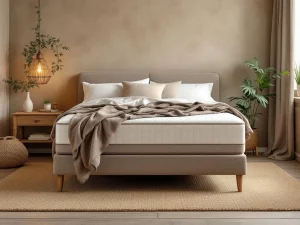 Complete boxspring met bamboe dekbed in beige tinten in stijlvolle slaapkamer met natuurlijke belichting en jute vloerkleed.