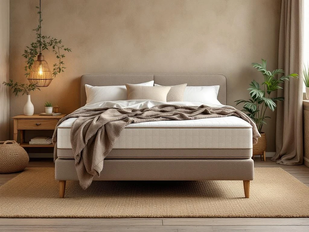 Complete boxspring met bamboe dekbed in beige tinten in stijlvolle slaapkamer met natuurlijke belichting en jute vloerkleed.