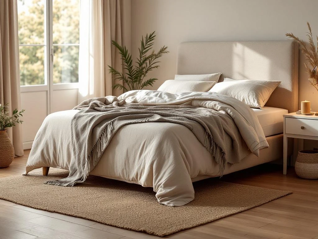 Complete boxspring met beige dekbed en antraciet hoofdbord in stijlvolle slaapkamer met warme ochtendbelichting