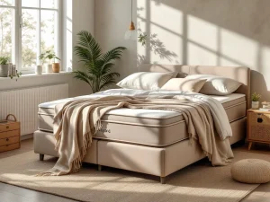 Beige boxspring bed met verschillende kussenhoogtes in warme slaapkamer met jute vloerkleed en natuurlijke belichting