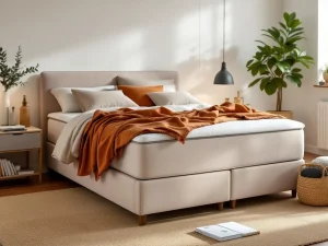 Beige boxspring bed met dekbed en sierkussens in Nederlandse slaapkamer, nachtkastje met rekenmachine en betaalplannen