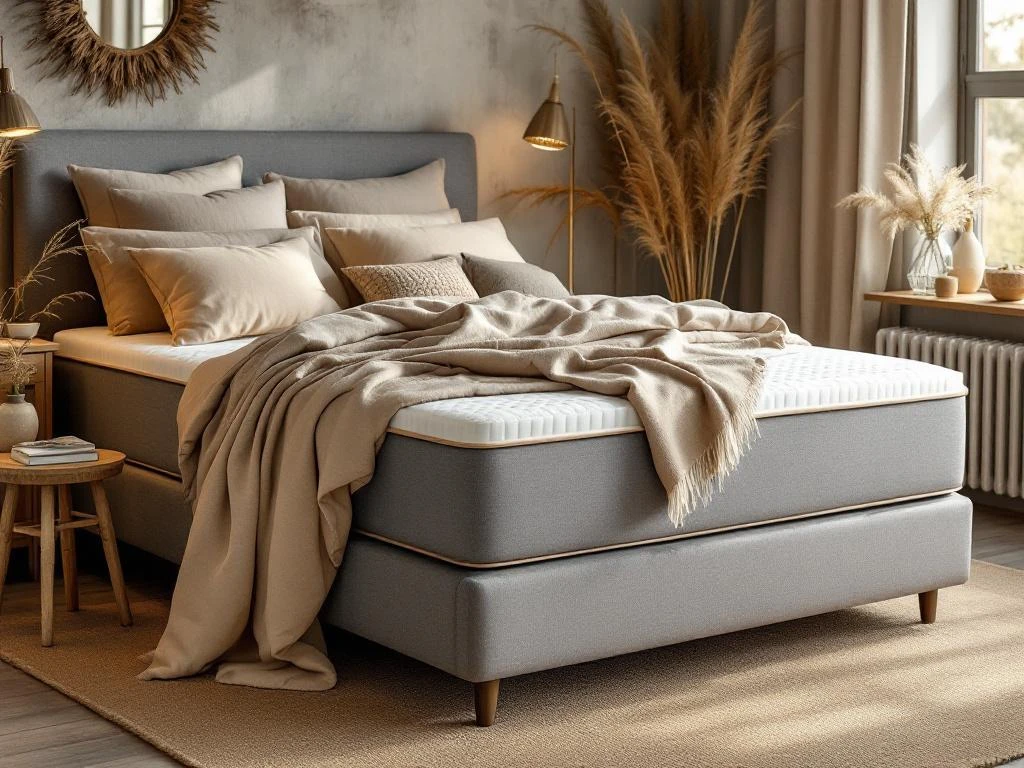 Complete boxspring met grijs gestoffeerd hoofdbord en orthopedisch kussen in serene slaapkamer met natuurlijke belichting