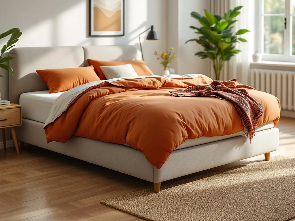 Moderne boxspring bed met terracotta dekbed op houten vloer in lichte slaapkamer met jute kleed