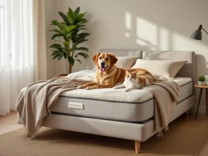 Complete boxspring bed in beige tinten met hond en kat, natuurlijke styling, warme slaapkamer sfeer