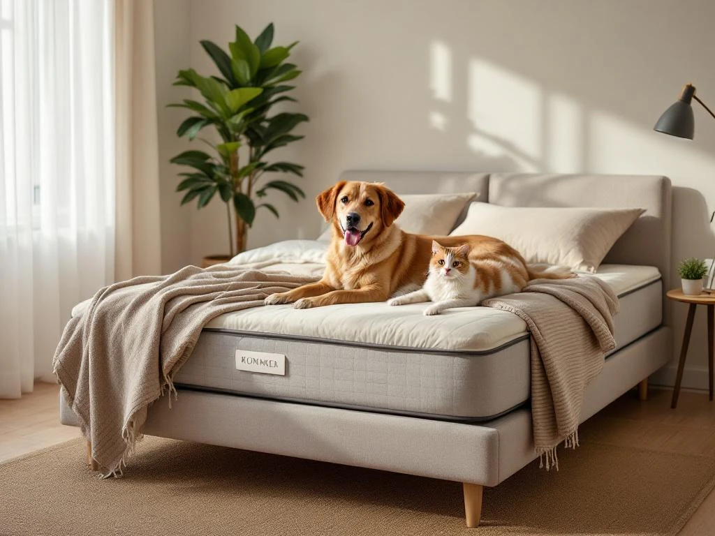 Complete boxspring bed in beige tinten met hond en kat, natuurlijke styling, warme slaapkamer sfeer