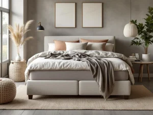 Complete boxspring bed met beige gestoffeerd frame in serene slaapkamer met neutrale kleurtonen en natuurlijke belichting
