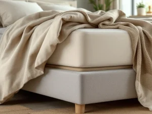 Boxspring bed met beige gestoffeerd frame en linnen dekbed, toont stevige ondersteuning en kwaliteitsconstructie