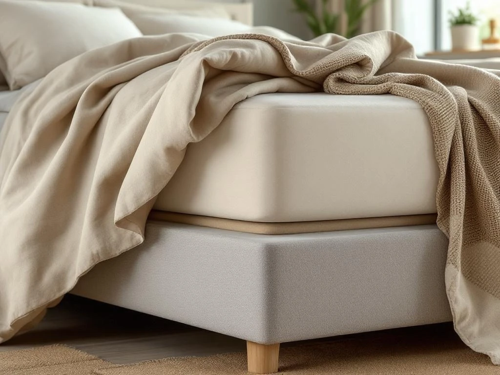 Boxspring bed met beige gestoffeerd frame en linnen dekbed, toont stevige ondersteuning en kwaliteitsconstructie