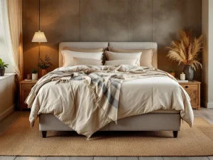 Complete boxspring bed met beige gestoffeerd frame in warme slaapkamer met seizoensgebonden dekbed styling