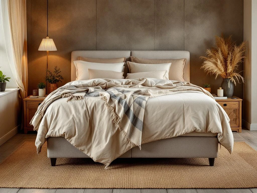 Complete boxspring bed met beige gestoffeerd frame in warme slaapkamer met seizoensgebonden dekbed styling