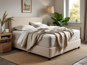 Complete beige boxspring met dekbed in Nederlandse slaapkamer met warme ochtendverlichting en natuurlijke decoratie