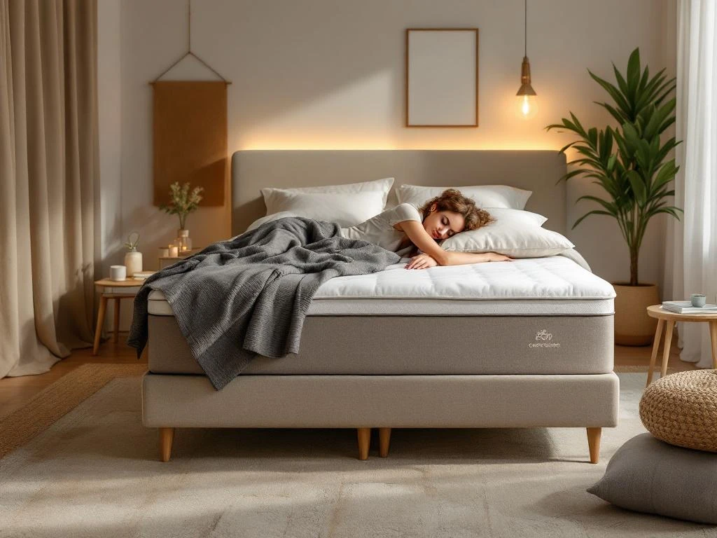 Boxspring bed met twee personen in verschillende slaaphoudingen, beige dekbed, antraciet hoofdbord in moderne slaapkamer