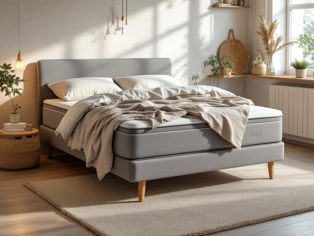 Complete boxspring bed met beige gestoffeerd frame in serene slaapkamer met natuurlijke belichting en jute vloerkleed