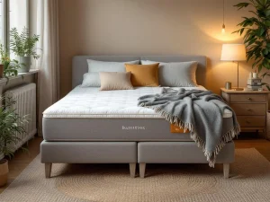 Complete boxspring bed met beige gestoffeerd frame in moderne slaapkamer met natuurlijke verlichting en ventilatie