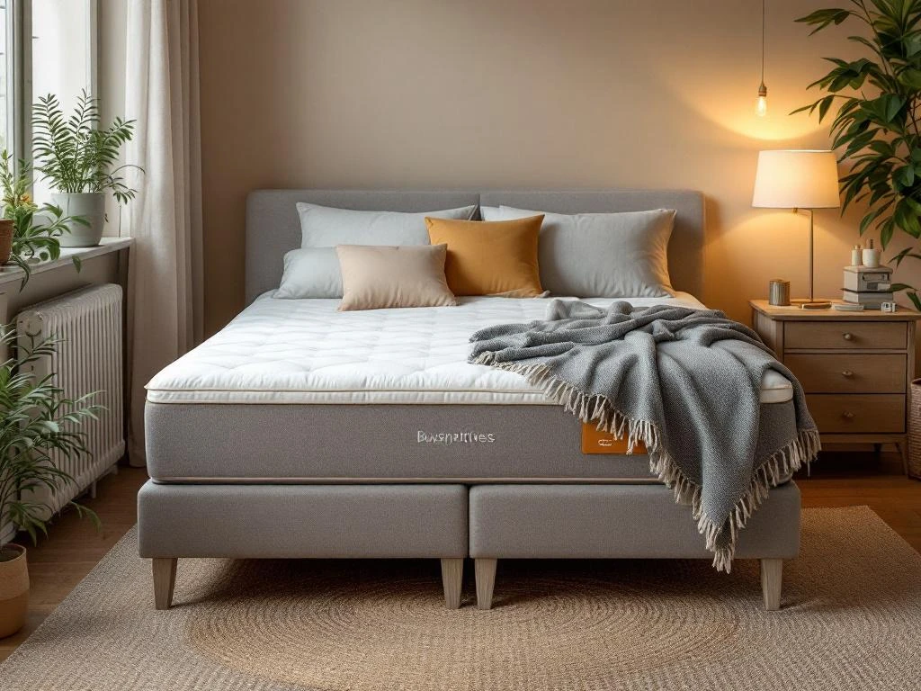 Complete boxspring bed met beige gestoffeerd frame in moderne slaapkamer met natuurlijke verlichting en ventilatie