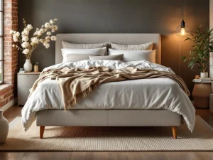 Complete boxspring bed met beige gestoffeerd frame in warme slaapkamer met dekbed, kussens en natuurlijke styling