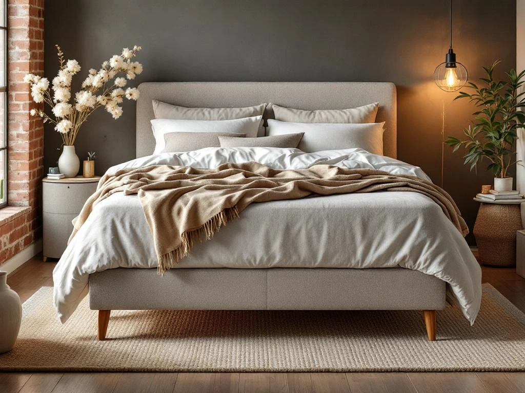 Complete boxspring bed met beige gestoffeerd frame in warme slaapkamer met dekbed, kussens en natuurlijke styling