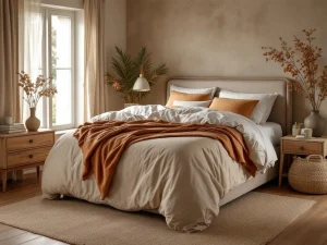 Beige gestoffeerde boxspring met dekbed in warme slaapkamer, natuurlijke lichaamsondersteuning, groene kussens