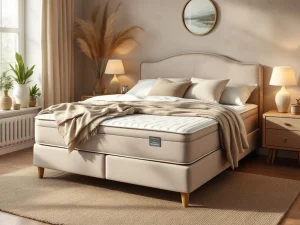 Complete boxspring bed met beige gestoffeerd frame in warme slaapkamer met natuurlijke tinten en zachte verlichting