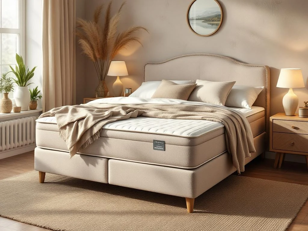 Complete boxspring bed met beige gestoffeerd frame in warme slaapkamer met natuurlijke tinten en zachte verlichting