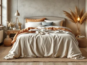 Complete boxspring bed met beige gestoffeerd frame en terracotta dekbed in warme slaapkamer met natuurlijke belichting