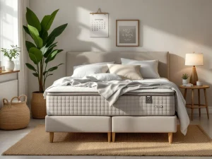 Boxspring bed met beige bekleding, dekbed en sierkussens in natuurlijke setting met kalender en uitverkoop prijskaartjes
