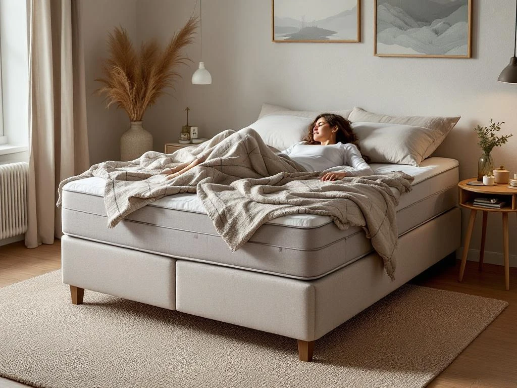 Complete boxspring bed in beige met persoon in gezonde zijligging, warme slaapkamer setting met natuurlijk licht