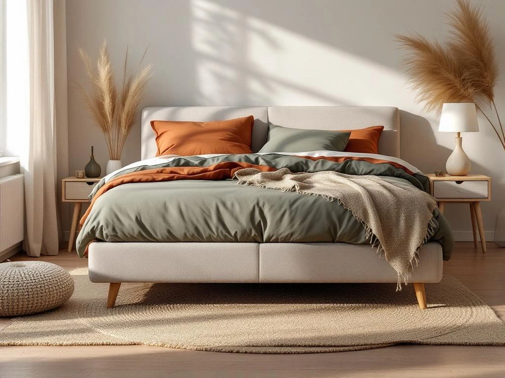 Moderne boxspring bed zonder hoofdbord met terracotta dekbed in stijlvolle minimalistische slaapkamer met natuurlijk licht